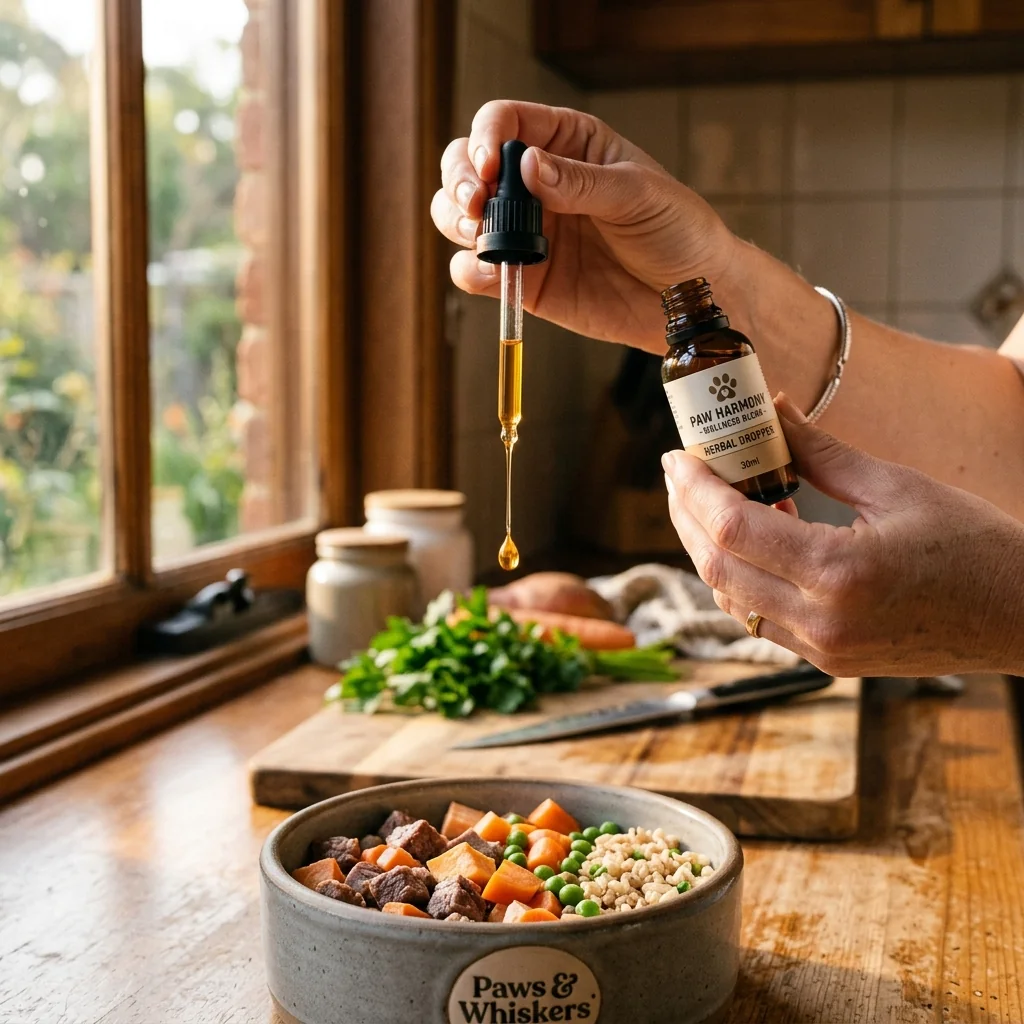 Amber glass dropper dispensing golden herbal drops