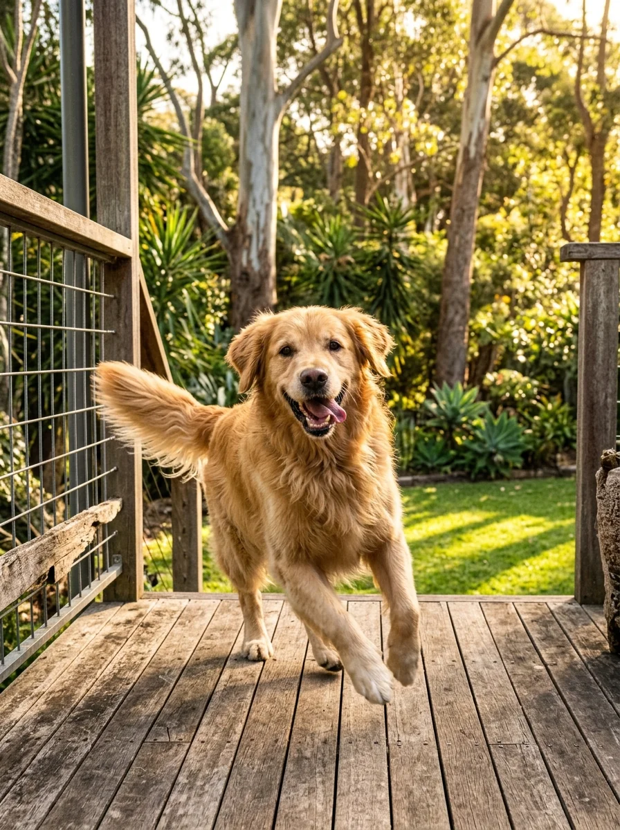 Joyous Australian Golden Retriever Leaping Across Sunlit Timber Verandah