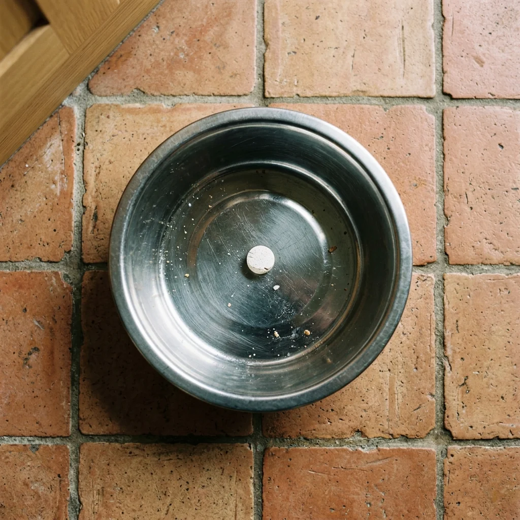 Dog kibble eaten around ignored chalky pill