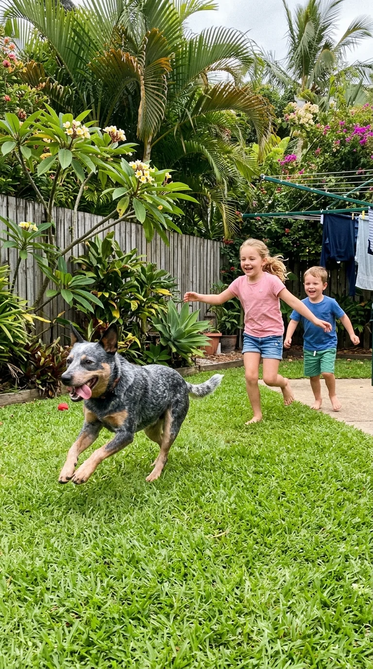 Dog sprinting in Brisbane backyard