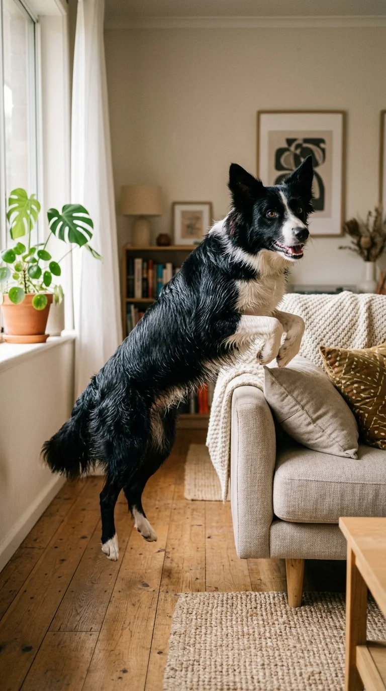 Border Collie on living room sofa