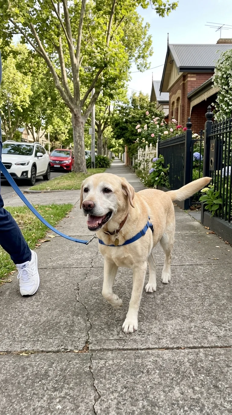 Senior Yellow Lab trotting in Melbourne
